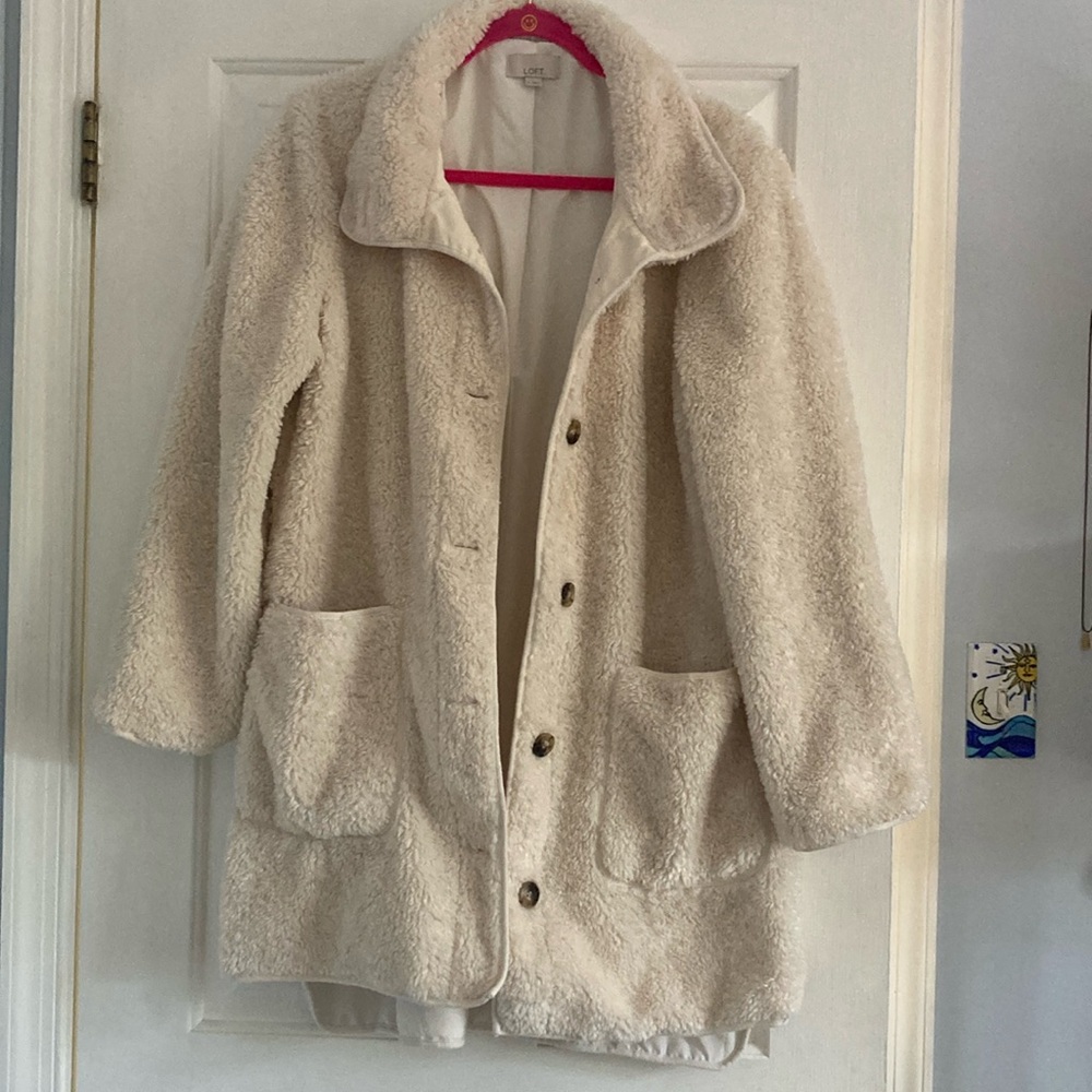 LOFT mid-length faux fur white jacket